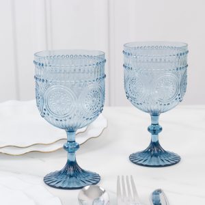 12 Pack Plastic Wine Goblets, 15oz Reusable Shatterproof Dusty Blue Vintage Drinkware – Embossed Floral Pattern Decorative Cups